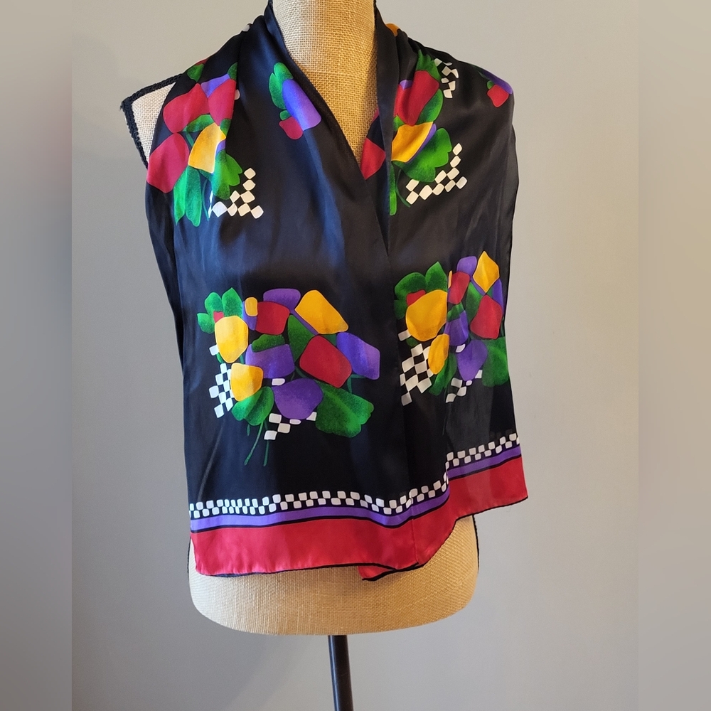 Liz Claiborne Vintage Silk Rectangular Black Scarf With Bright Floral Design